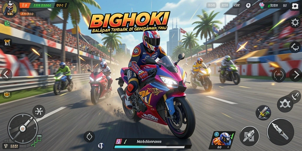 Tangkapan layar dari gameplay balapan motor yang mendebarkan di BIGHOKI.
