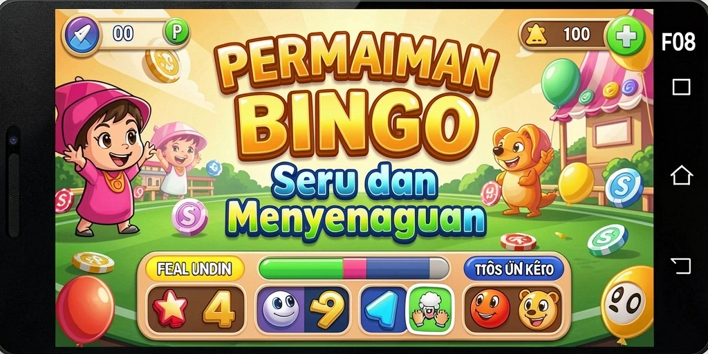 Tampilan gameplay menarik dari F08 dengan kartu Bingo yang colorful.