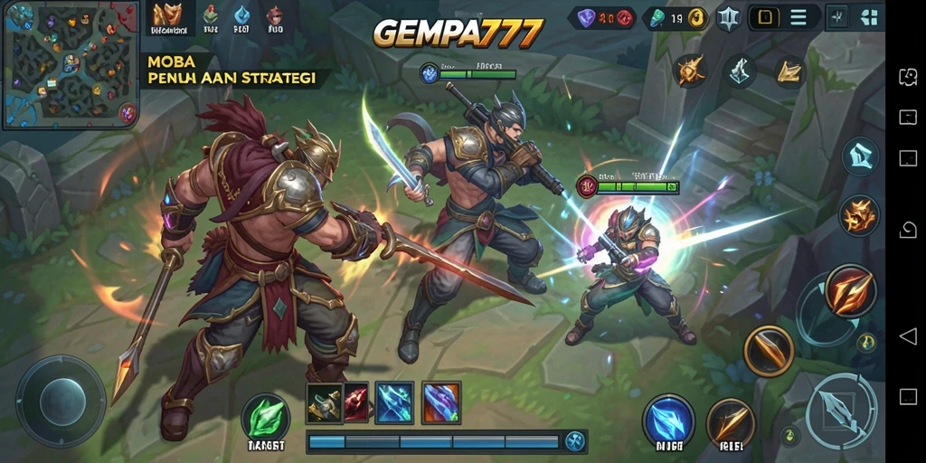 Tangkapan layar GEMPA777 menampilkan aksi pertempuran yang mendebarkan di arena MOBA.