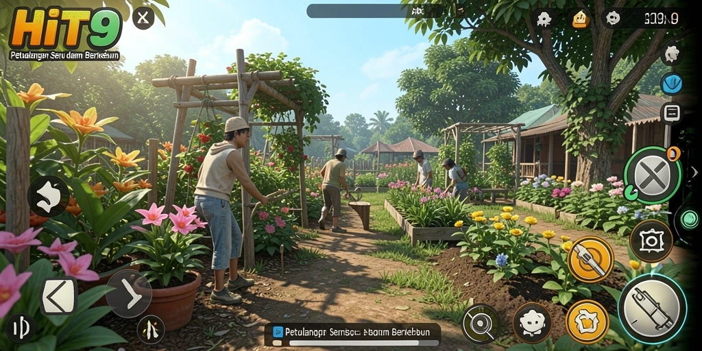 Menampilkan aksi berkebun seru di HIT9 dengan grafis menarik.