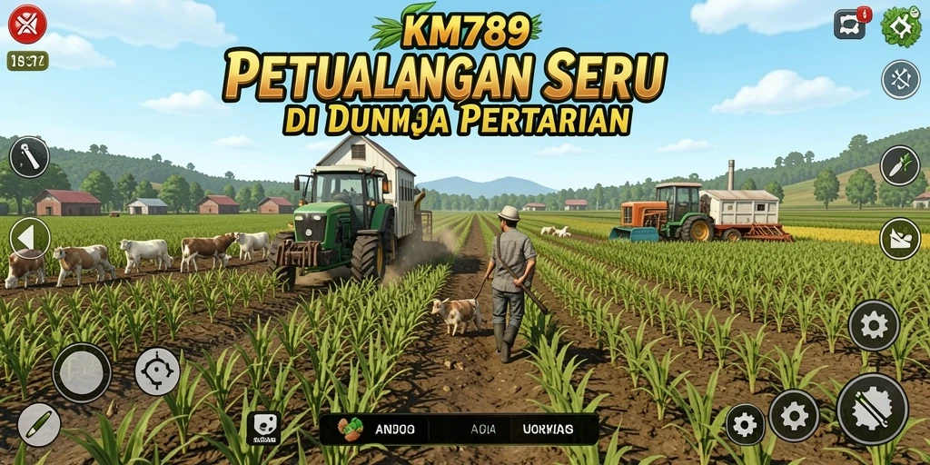 Screenshot dari gameplay KM789 menunjukkan aktivitas bercocok tanam dan beternak.