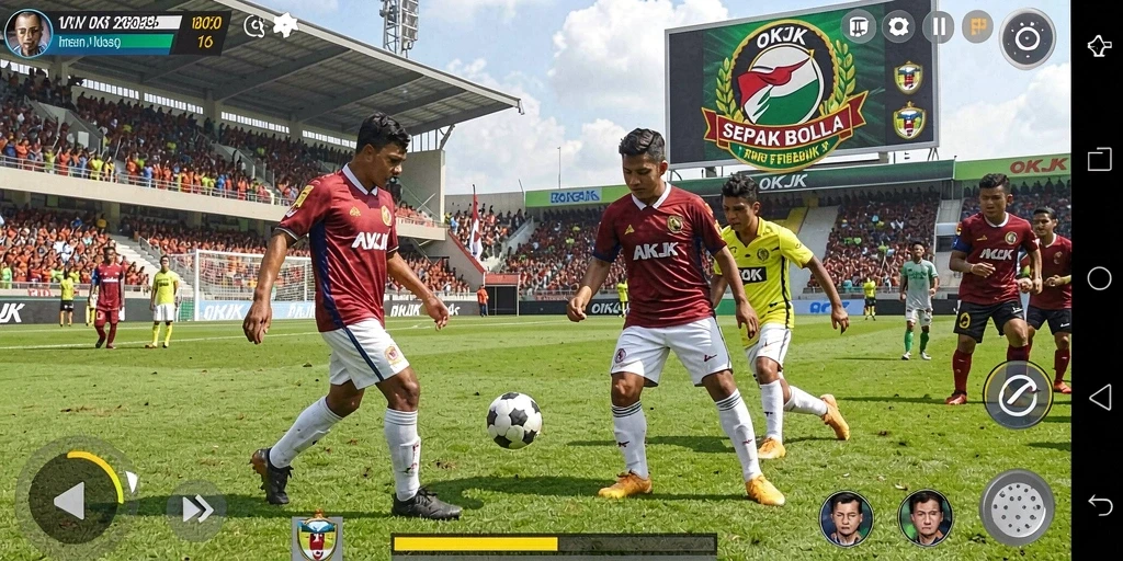 Screenshot gameplay OKJK yang menampilkan aksi seru di lapangan sepak bola.