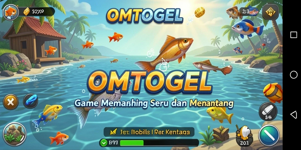 Tampilan gameplay <strong>OMTOGEL</strong> dengan aktivitas memancing yang seru dan menantang.