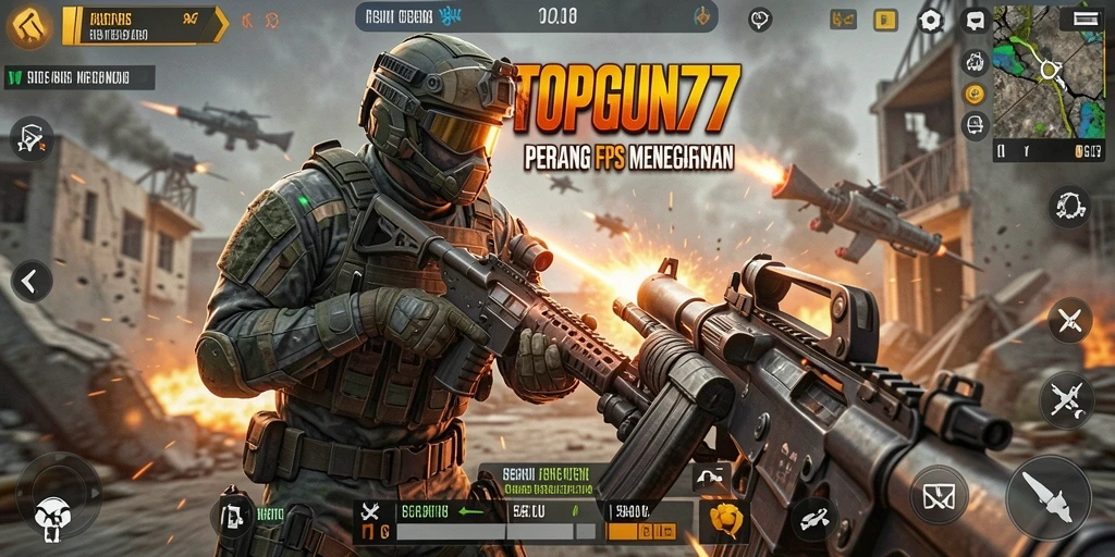 Gameplay menegangkan di TOPGUN77 dengan aksi tembak-menembak.